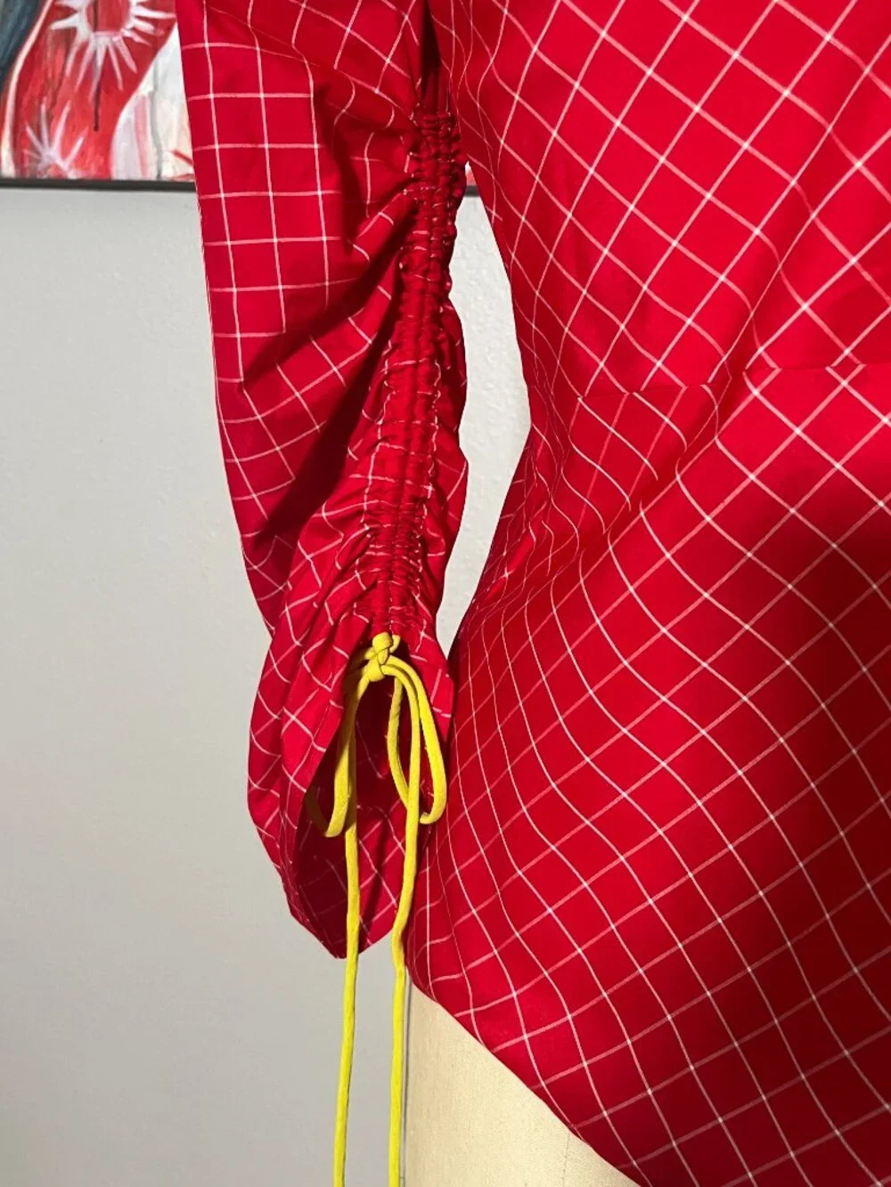 Tory Burch Windowpane Silk Tunic Top Red White Ruched Drawstring